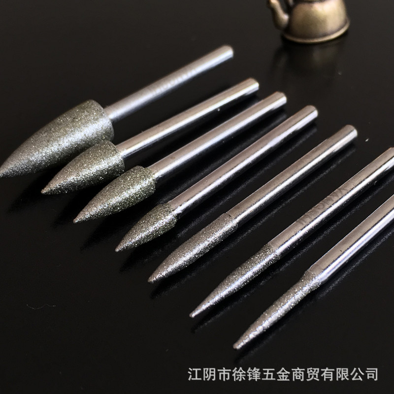 现货金刚石磨头尖子弹型电镀合金刀头柄3*头直径2-8毫米120目