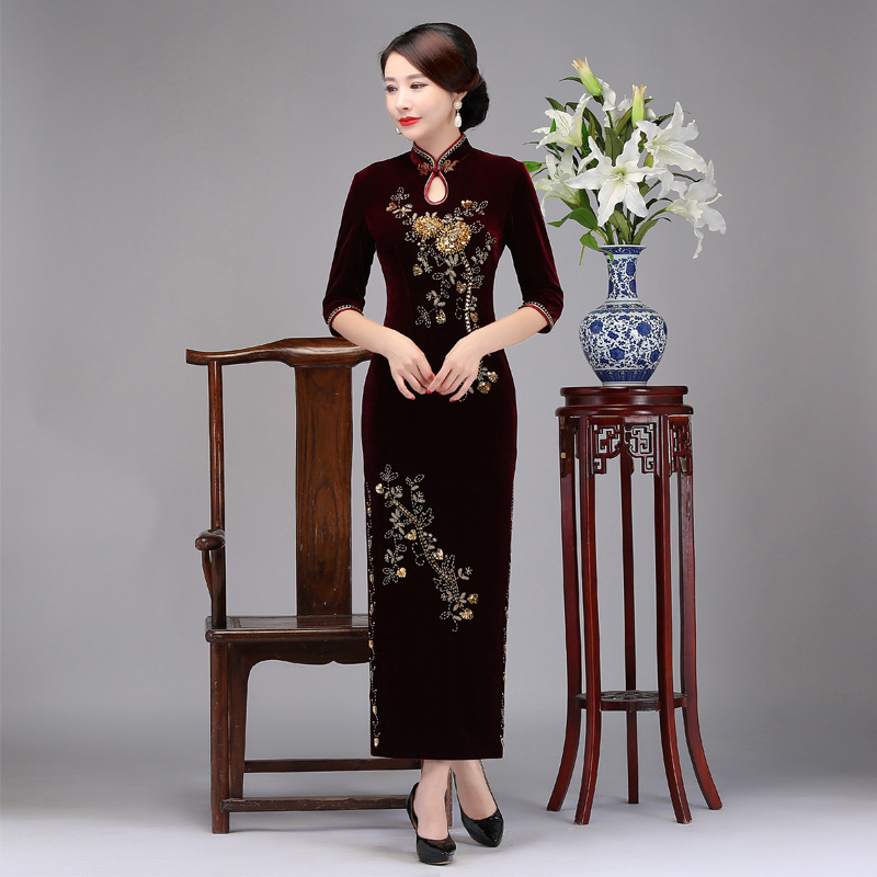 Shenzhen Wedding Banquet Gold Velvet Cheongsam Happy Mother-In-Law Mother-In-Law Dress Brand Dress Plus Size Women's Han Dynasty Hot Style