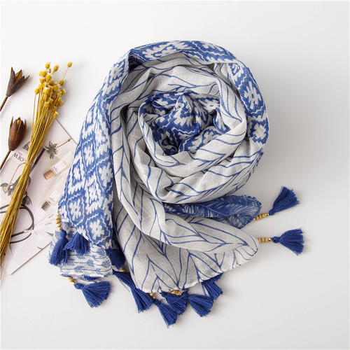 Summer silk scarf women's sunshade scarf creative feather arrow geometric wood beads cotton linen air conditioning sun protection beach towel shawl