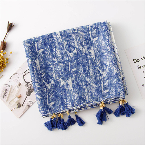 Summer silk scarf women's sunshade scarf creative feather arrow geometric wood beads cotton linen air conditioning sun protection beach towel shawl