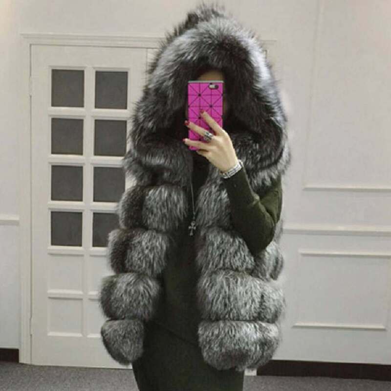 Factory wholesale autumn and winter New faux fox fur hooded fur vest women's European and American long slim fur coat
