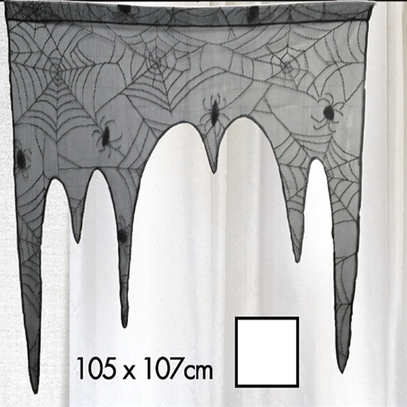 Halloween Warp Knitted Spider Web Lace Door Curtain Black Spider Horror Background Decorative Curtain