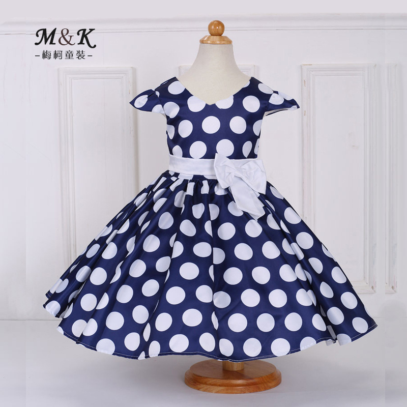 2020 Spring children's dress new girls' white bow belt + white dot dress red sapphire blue