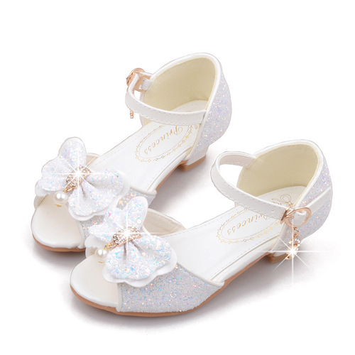 Frozen Princess Shoes Shiny Children's High Heels White Performance Leather Shoes Summer Girls Sandals Dropshipping