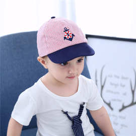 条纹泡泡纱铁锚绣花男童帽儿童软舌鸭舌帽儿童春夏秋季棒球遮阳帽