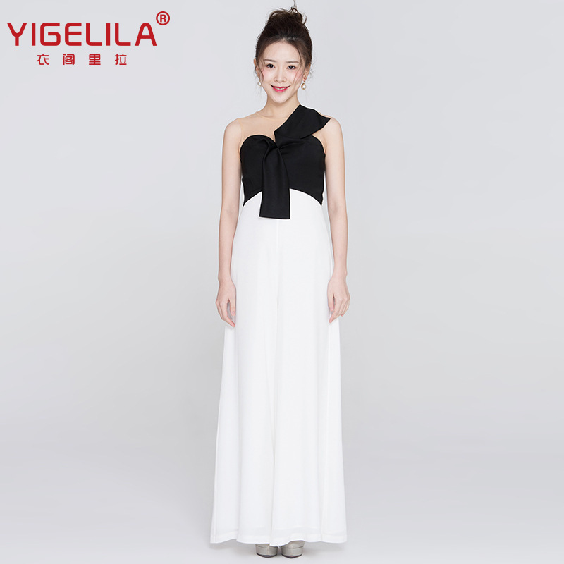 Fashionable Black and White Color-Blocking Slim-Fit Height-Enhancing Stylish Jumpsuit Wide-Leg Casual Pants for Women 5610