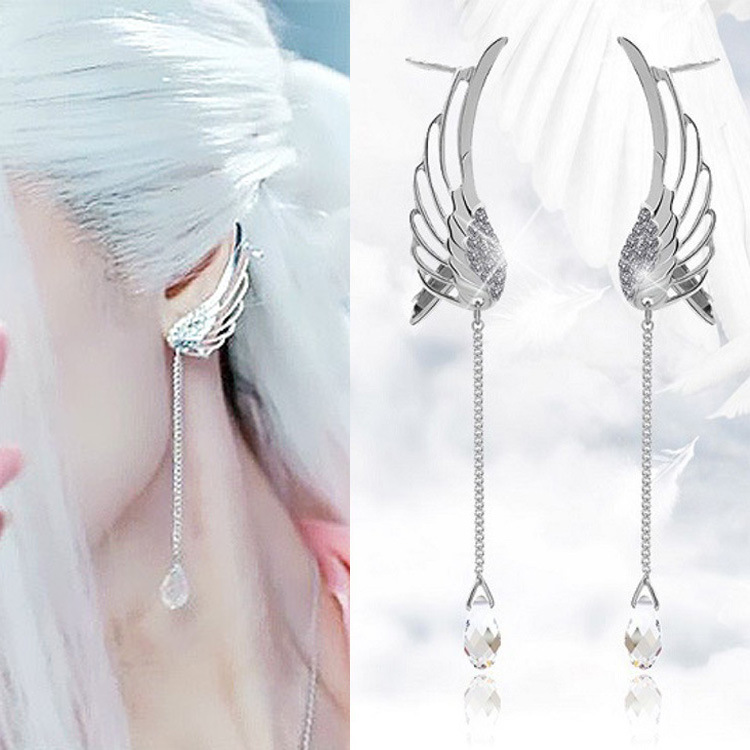 韩版人造水晶无耳洞耳夹流苏耳环天使翅膀耳钉 银耳环现货
