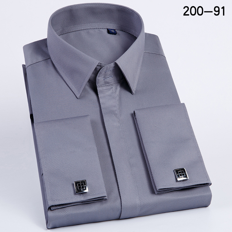 Camisa de gemelos franceses para hombres, uñas de manga formales de negocios, color sólido, sin planchar, mangas dobles, camisa con hebilla oculta, versión coreana delgada