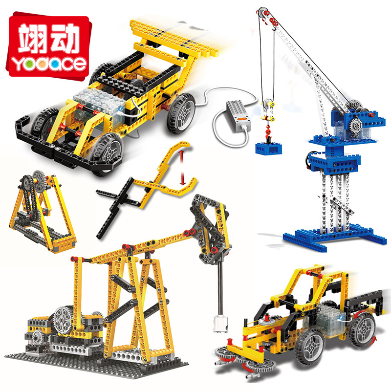 万格电子机械小颗粒塑料拼装变速车赛车吊车组装科教培训积木玩具