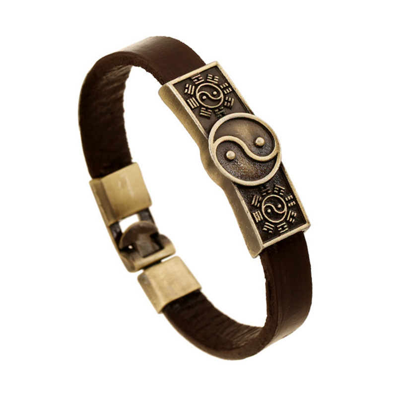 Fashion European and American Ethnic Style Retro Cowhide Bracelet Alloy Taiji Bagua Yin and Yang Leather Jewelry