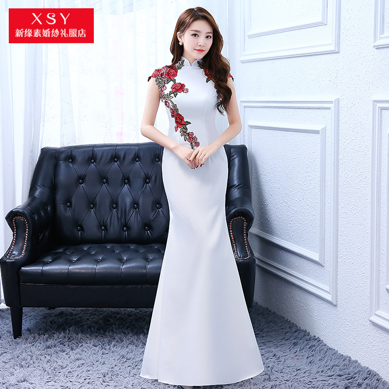 Imported Satin Fishtail Model Water-Soluble Embroidery High-Temperature Rhinestone Sleeveless Slim-Fit Elegant Evening Dress for Art Exams