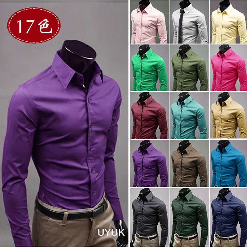 Foreign Trade Spot Men's Korean Style Shirt Pure Color Casual Men's Fashion Candy Color Long-Sleeved Shirt Men's 6492 Wholesale