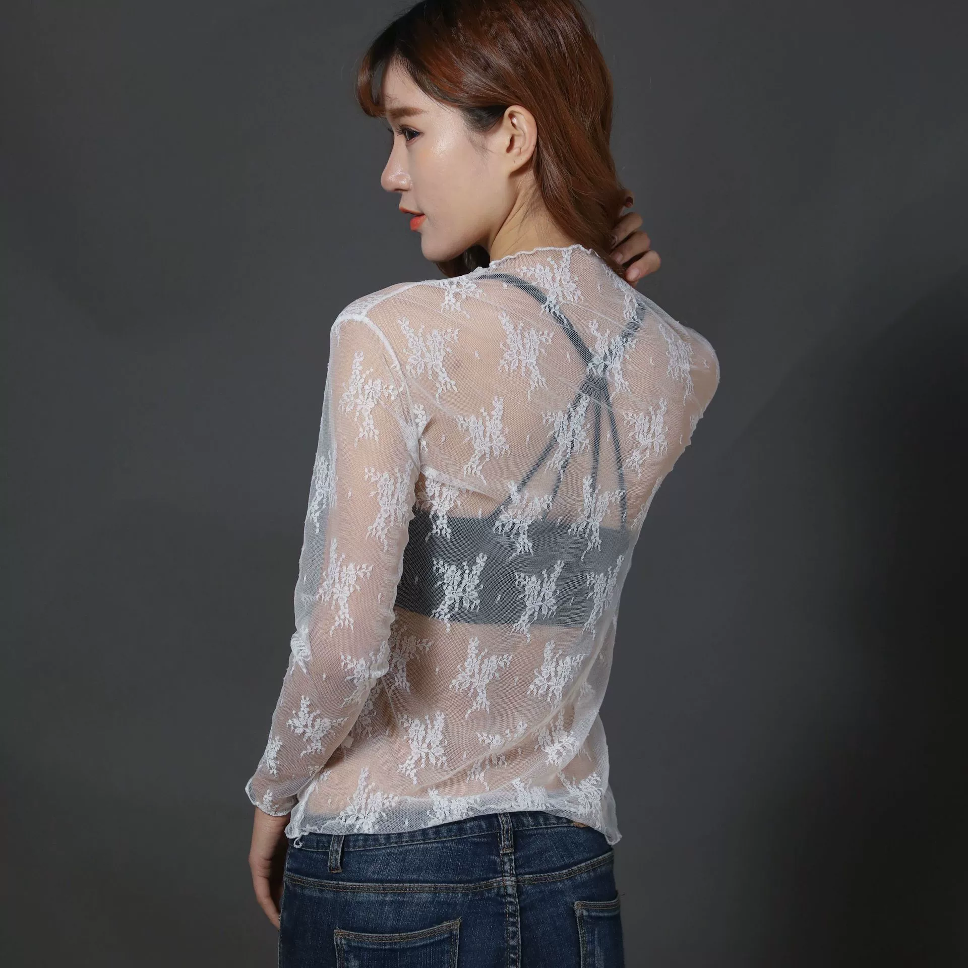 Long‑sleeve mesh top, polyester lace, transparent, one size, spring‑summer