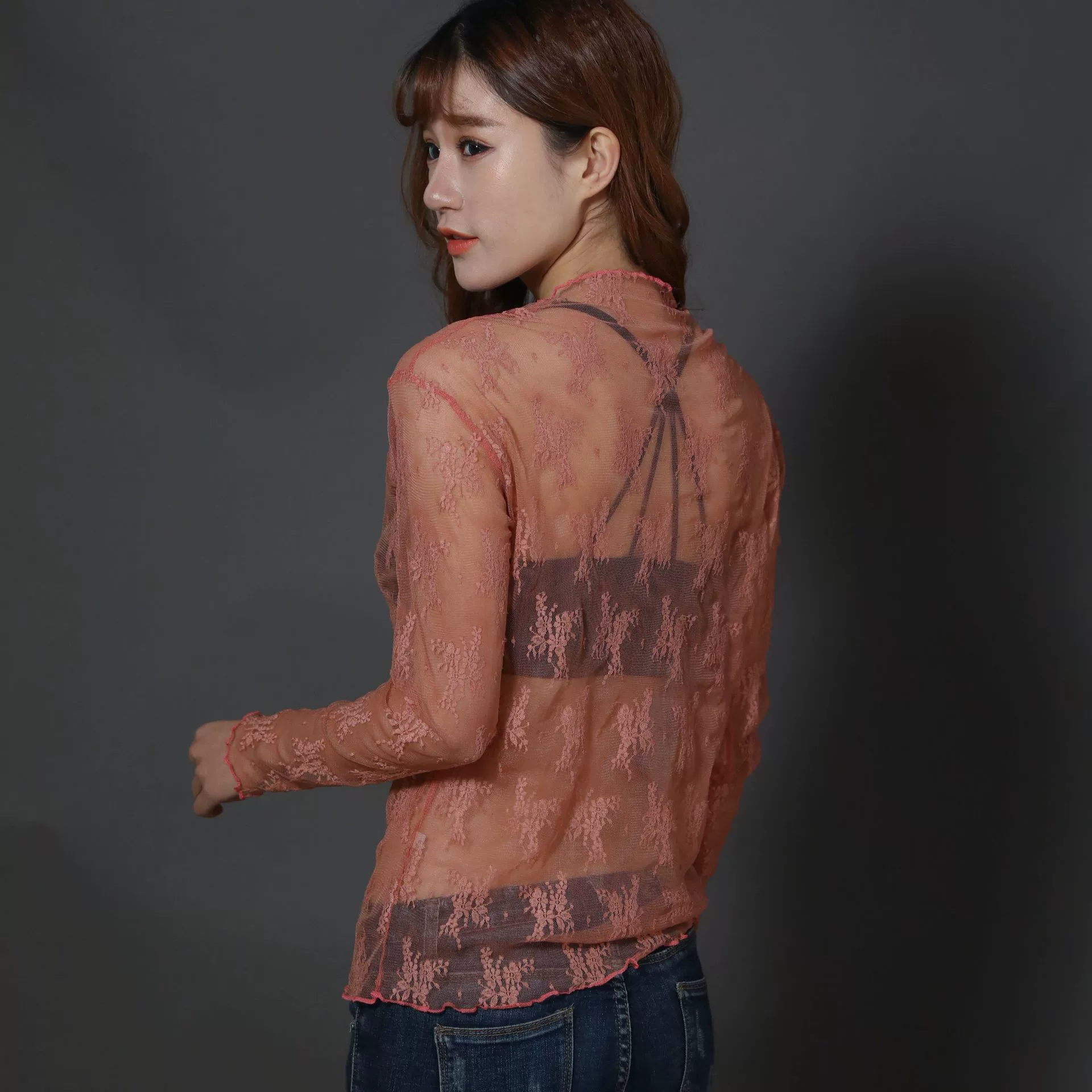 Long‑sleeve mesh top, polyester lace, transparent, one size, spring‑summer