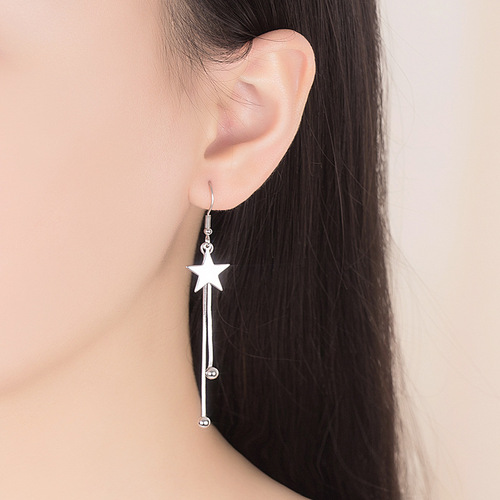 Elegant and fashionable earrings, silver-plated earrings wholesale, women's exaggerated five-pointed star national trend mid-length tassel earrings