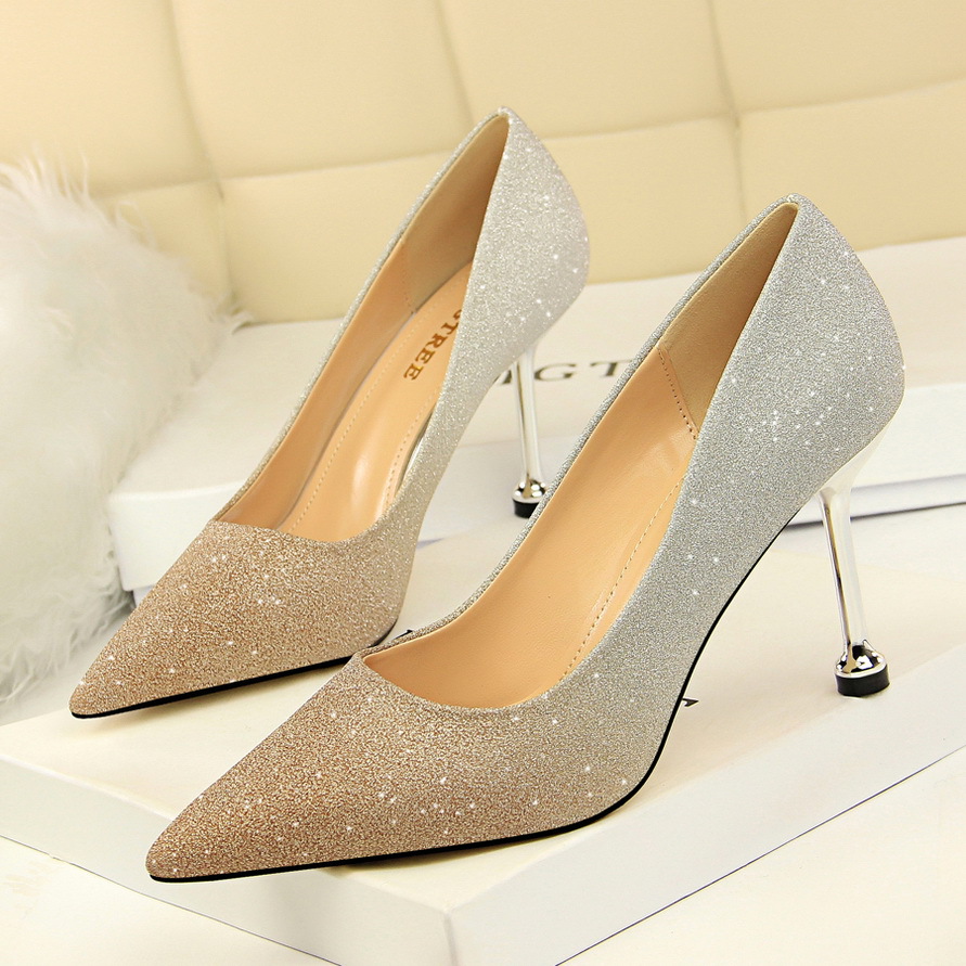0755-1 Korean fashion thin heel high heel low mouth pointed shiny color gradient color matching shoes high heels women's shoes