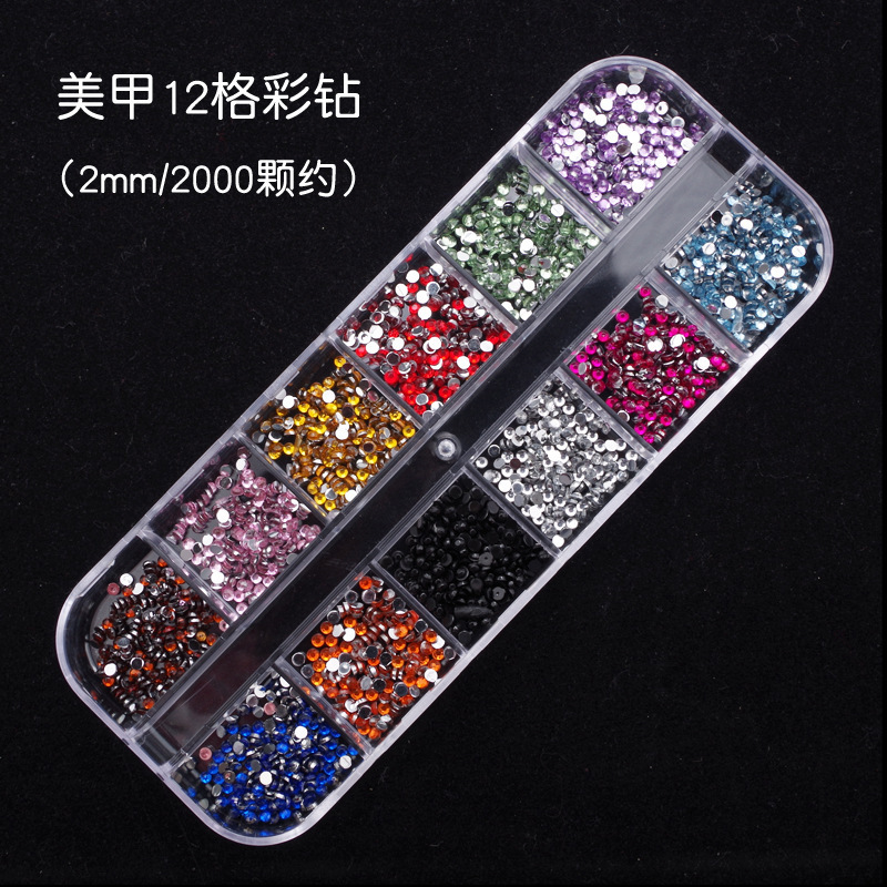 New nail jewelry long boxed 12 color color flat round diamond acrylic 2mm semicircle diamond wholesale