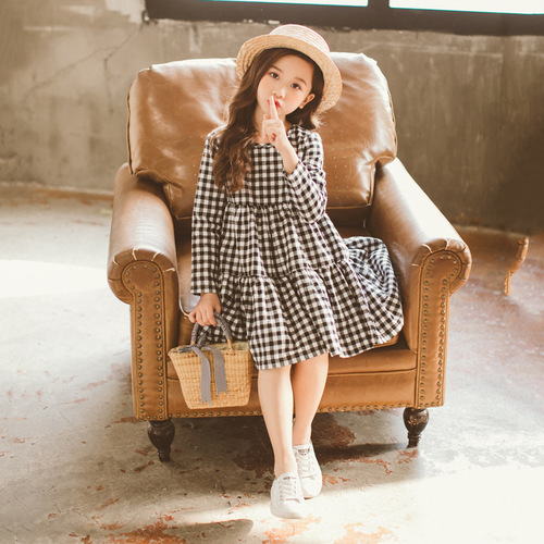 Girls' Long Sleeve Dress 2024 New Children's Clothing Girls' Spring Clothing Korean Style Trendy Plaid Doll Skirt Children's Skirt