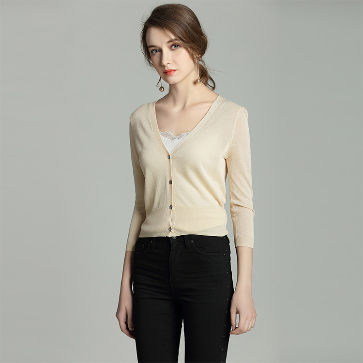 Knitted Cardigan Women's Off-top Ice-cool Silk Cropped Sleeve Short Thin Korean-style Sunscreen Clothes Air-conditioning Shirt Large Size Half-through Dress