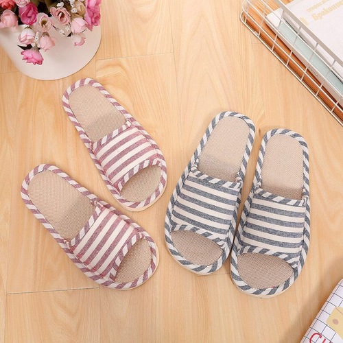 Four Seasons Indoor Slippers Giveaway Striped Linen Couple Foam Bottom Home Wooden Floor Slippers Female Manufacturer Wholesale