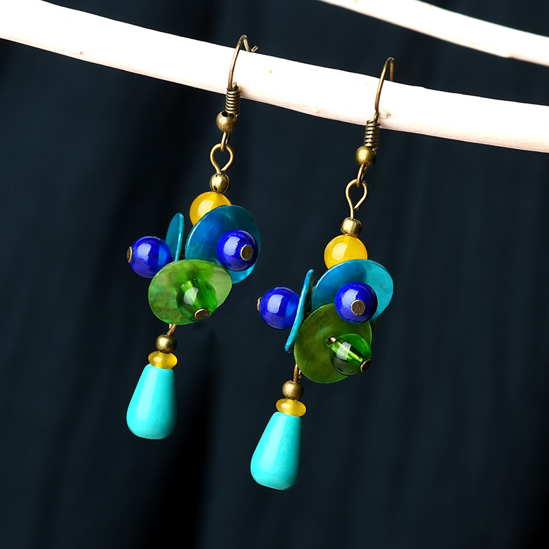 古树千藤民族风耳环彩贝壳片气质古风中长款云南特色首饰水滴形