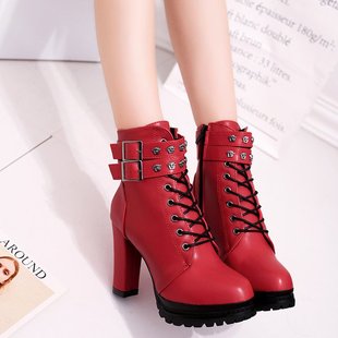 2017 Autumn and Winter New Arrival Martins Trendy Women's Ankle Boots British Style Chunky Heel High Heel Women's Shoes Lace-up Spring and Autumn
