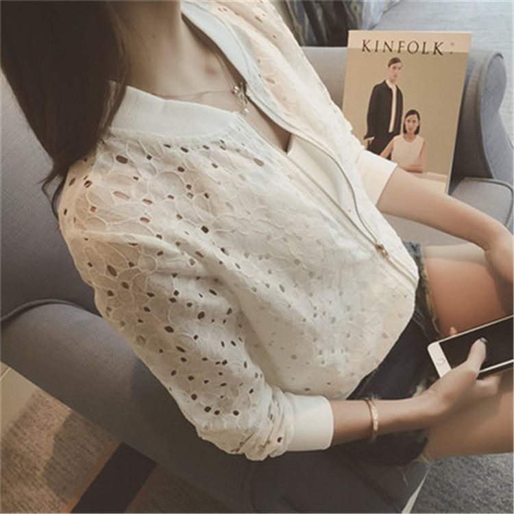 Summer Thin Korean Style Long-sleeved Lace Sun Protection Clothing Women's Short Zipper Baseball Jacket Tops Women