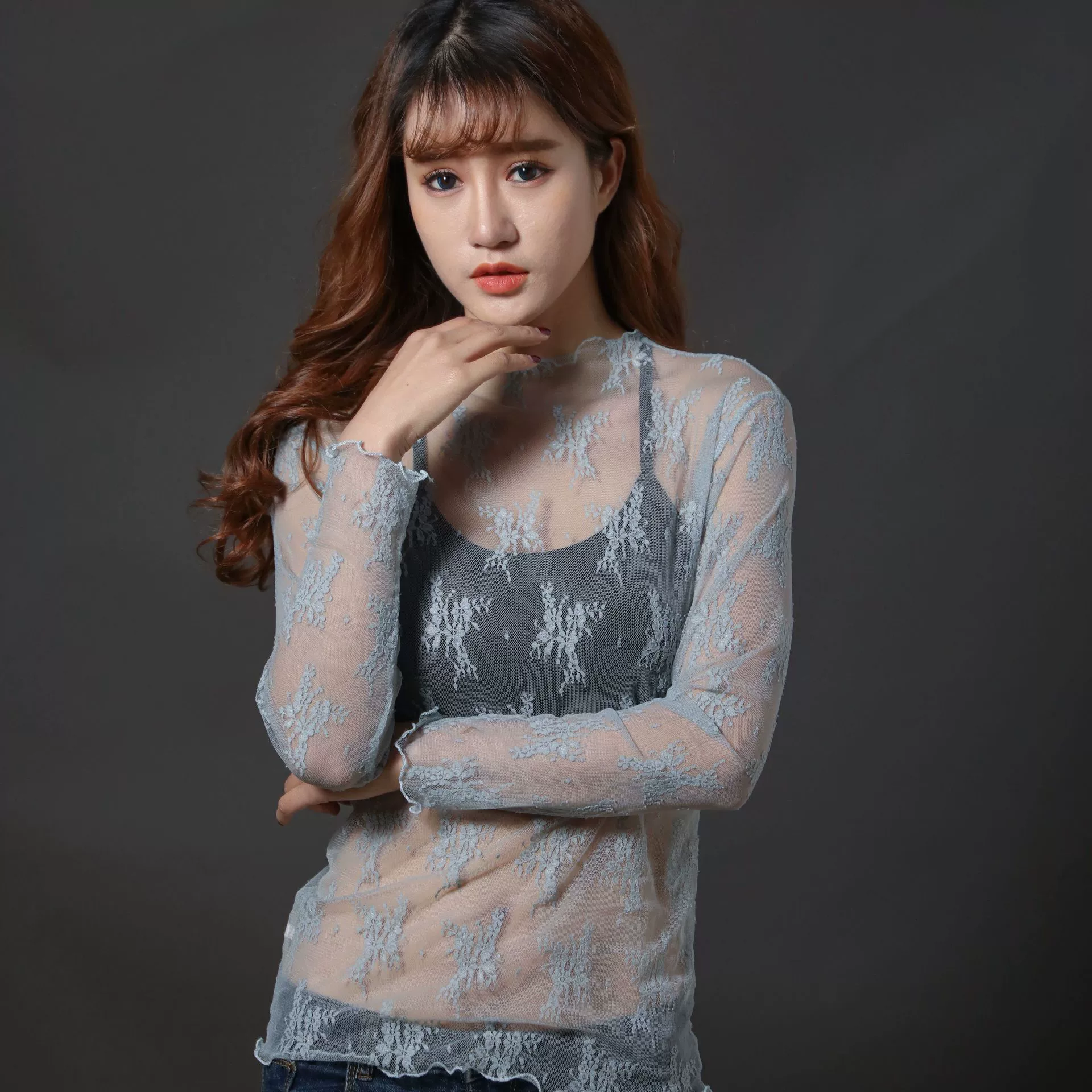 Long‑sleeve mesh top, polyester lace, transparent, one size, spring‑summer
