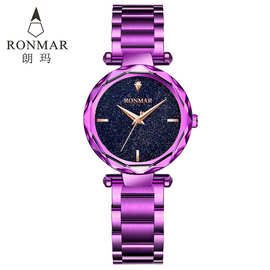 时尚女士手表紫色不锈钢手链表节日礼物女款库存初高中女学生手表