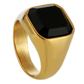 外贸热销款钛钢黑宝石戒指欧美项链潮男女个性不锈钢方形戒指