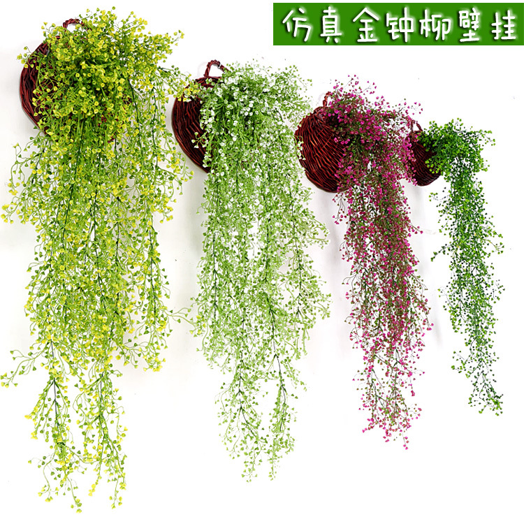 Artificial floral de ratán sala de estar de plástico Campana de oro sauce pared colgante cesta pared de fondo hoja verde floral de ratán colgante