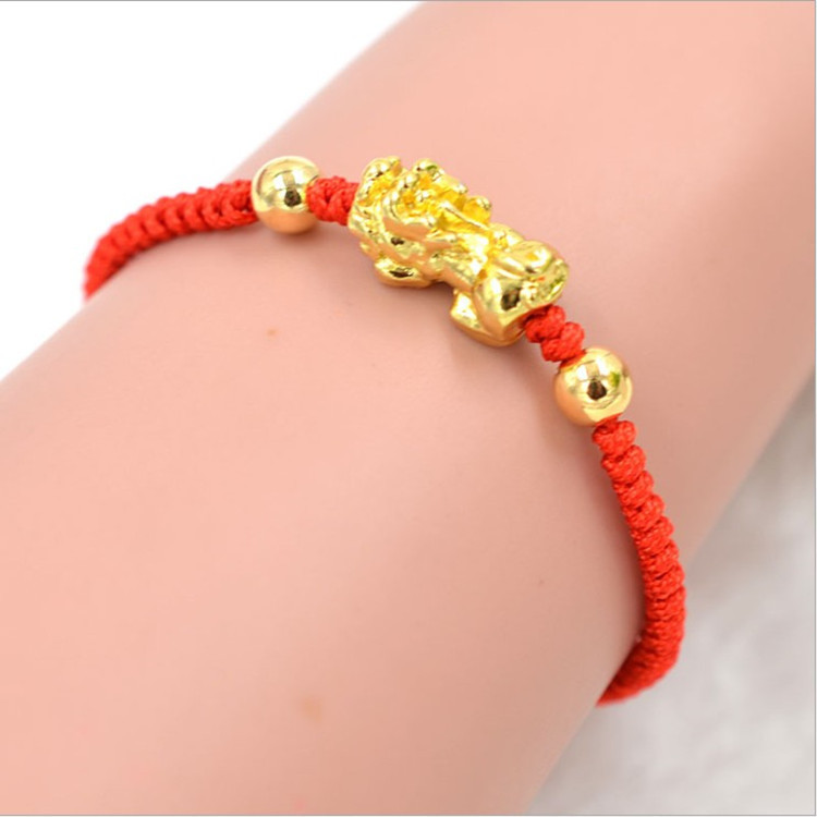 Red rope Gold Bracelet Men's and women's brass plated 3D hard gold bracelet gold beads red rope bracelet