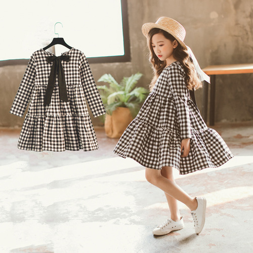 Girls' Long Sleeve Dress 2024 New Children's Clothing Girls' Spring Clothing Korean Style Trendy Plaid Doll Skirt Children's Skirt