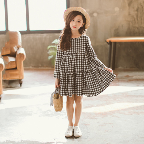 Girls' Long Sleeve Dress 2024 New Children's Clothing Girls' Spring Clothing Korean Style Trendy Plaid Doll Skirt Children's Skirt