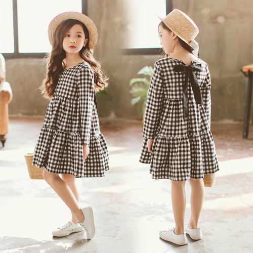 Girls' Long Sleeve Dress 2024 New Children's Clothing Girls' Spring Clothing Korean Style Trendy Plaid Doll Skirt Children's Skirt
