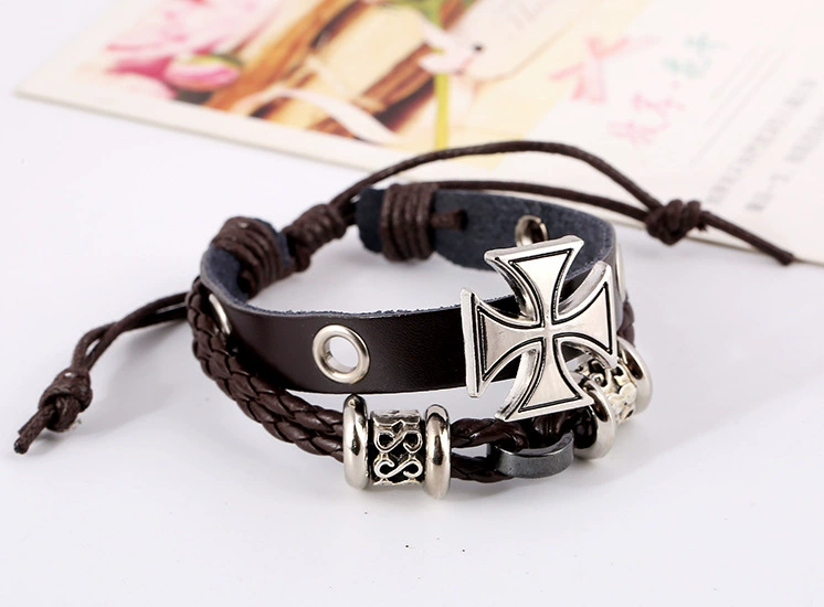 Leather Bracelet Yiwu Ancient Roman Cross, Two-Layer Cowhide, Adjustable 17 cm