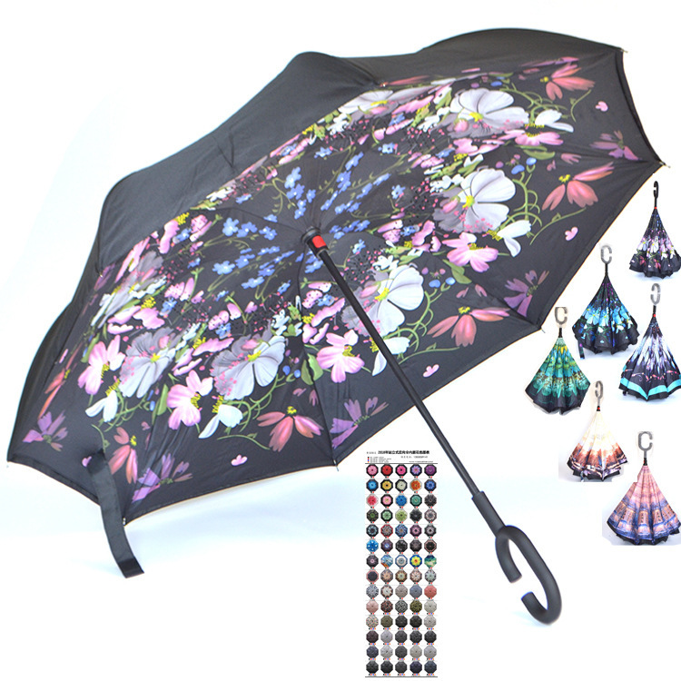 New Style Color C Handle Free Double Layer Creative Reverse Umbrella Standing Car Umbrella Men's Business Sunshade Umbrella