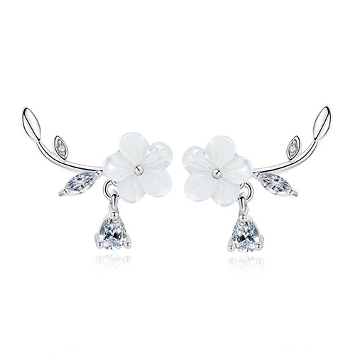 Natural shell hand-carved flower silver-plated earrings for women, new Korean version of plum shell fresh ear jewelry