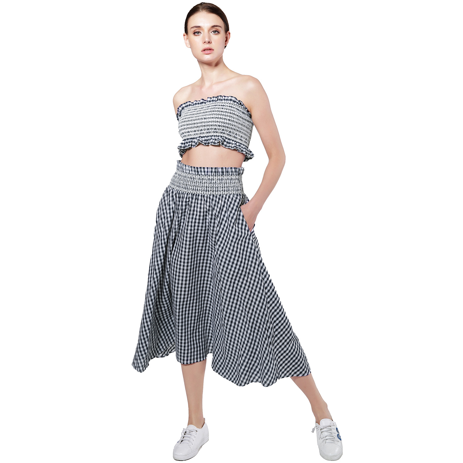 亚马逊eBay速卖通裹胸格子连衣裙两件套波西米亚长裙沙滩裙时尚