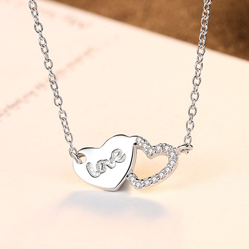 PAG&MAGDouble Heart Love Necklace S925 Silver Pendant Clavicle Chain Necklace Letters Japanese And Korean Small Fresh Jewelry For Women