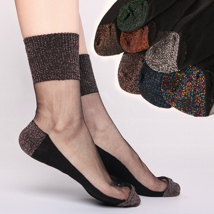 Embalaje independiente Medias de cristal Medias de la pantorrilla Primavera y otoño Nuevos calcetines de cebolla plateados para mujer Calcetines de seda con fondo de algodón Calcetines de mujer transparentes al por mayor
