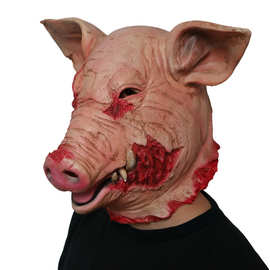 万圣节新款恐怖电锯猪头面具 乳胶动物道具成人道具小丑面具头套