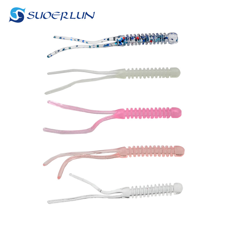 Cebo de pesca de raíz Luya cebo TPR cebo suave cola de doble aguja 5 colores 12 piezas de pesca de raíz pequeña simulación de cebo suave gusanos simulación de gusano suave cebo