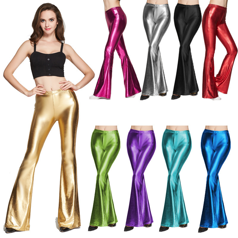 Actual Shot of Aliexpress Hot Foreign Trade 2021 New European and American Fashion Sexy Women's Shiny Leather Flared Pants Long Pants