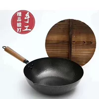 Чугунная сковорода Zhangqiu – официальный ручной старинный вок с деревянной крышкой, без покрытия, совместимая с газовой плитой