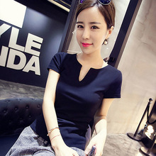 一件代发夏季女装T恤女士短袖打底衫纯色V领修身大码半袖韩版批发