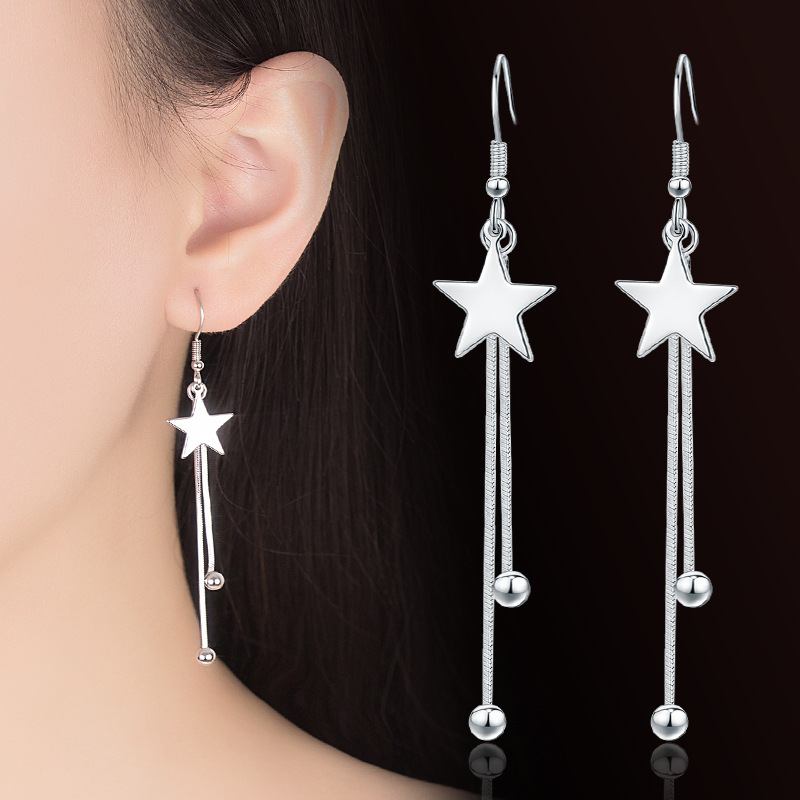 Temperament fashion earrings silver plated earrings wholesale Women's exaggerated five-pointed star National tide long tassel earrings