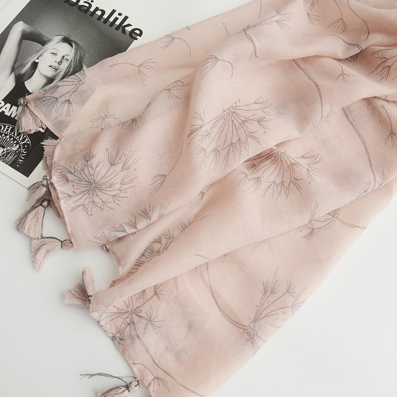 Comercio exterior orden original japonés artístico fresco algodón y lino bufanda diente de león impreso bufanda decorativa viajes protector solar chal