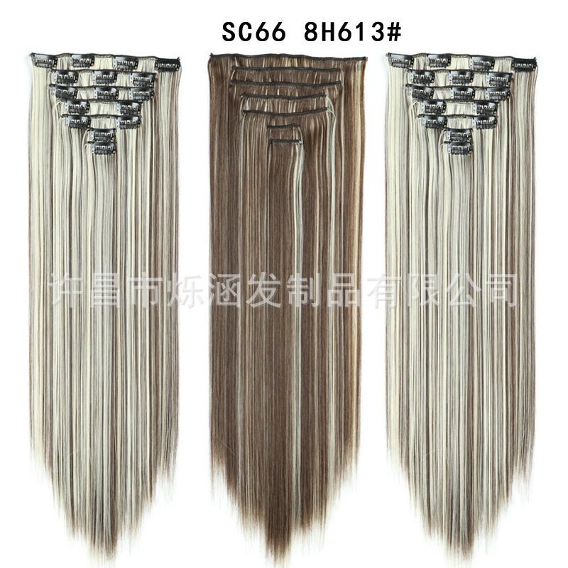 Los fabricantes venden al por mayor pelucas europeas y americanas, fibras químicas, 16 tarjetas, 7 piezas, extensiones de cabello para mujeres, extensiones de cabello de seda de alta temperatura, cabello largo y liso, cabello con tarjeta