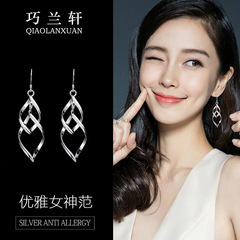 Korean women's vintage leaf-style fashionable pure silver earrings long tassel double twisted earrings floral ear drop hypoallergenic